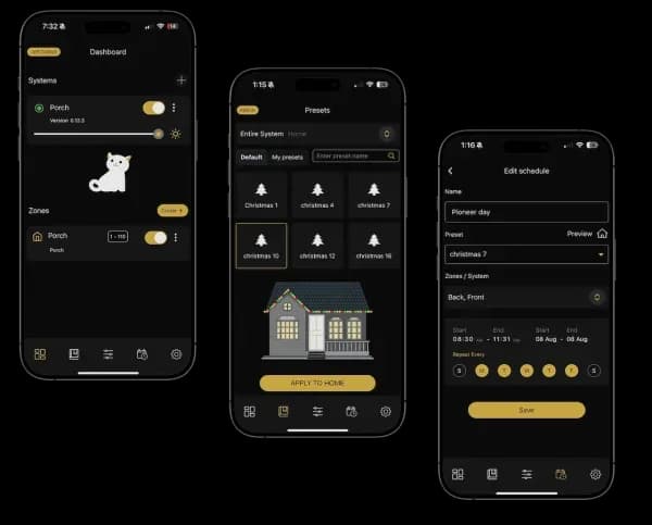 Bosso Smart Lights app showing color selection, scene presets, and schedule controls
